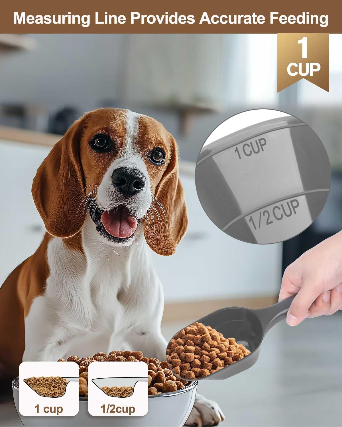 2 PACK Dog Food Scoop,1 Cup Capacity Pet Food Scoop For Dog and Cat (Grey) | Clear Markings for Precise Measuring 1/2 and 1 Cup Lines,Dishwasher Safe,Plastic,Portable and Sturdy