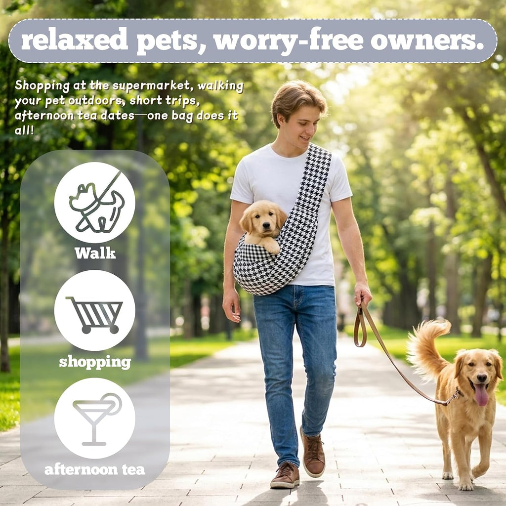 Dog Sling Carrier for Small Dogs and Cats 5–16 lbs, Puppy Carrier Sling with Safety Hook and Storage Pocket, Hands Free Pet Carrier Purse for Travel, Walking, Shopping (Houndstooth)