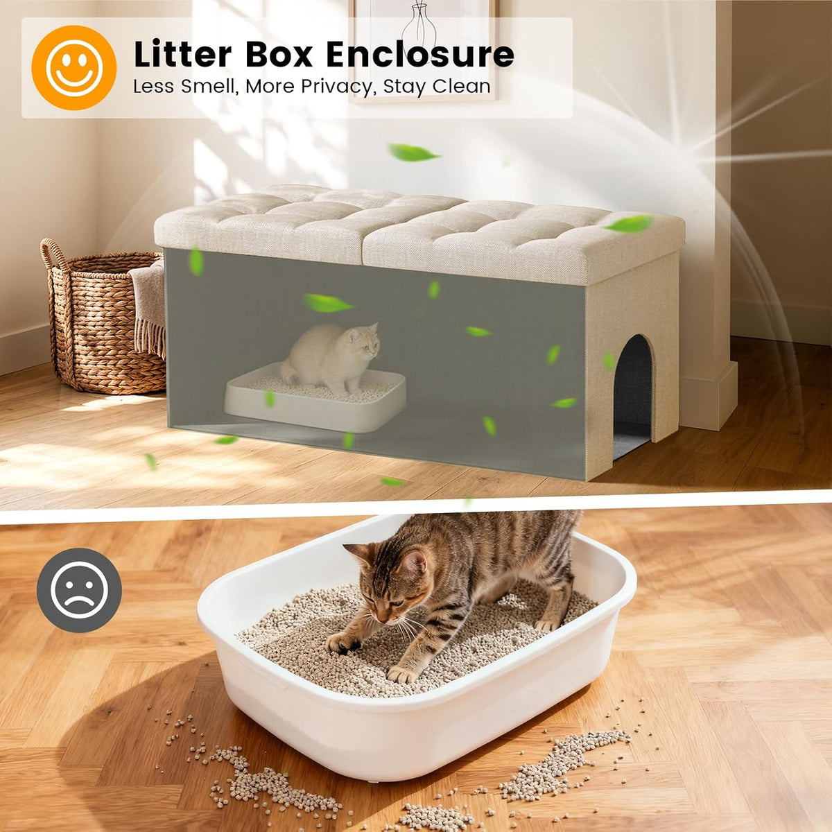 3-in-1 Cat Litter Box Enclosure Furniture, XX-Large, Beige