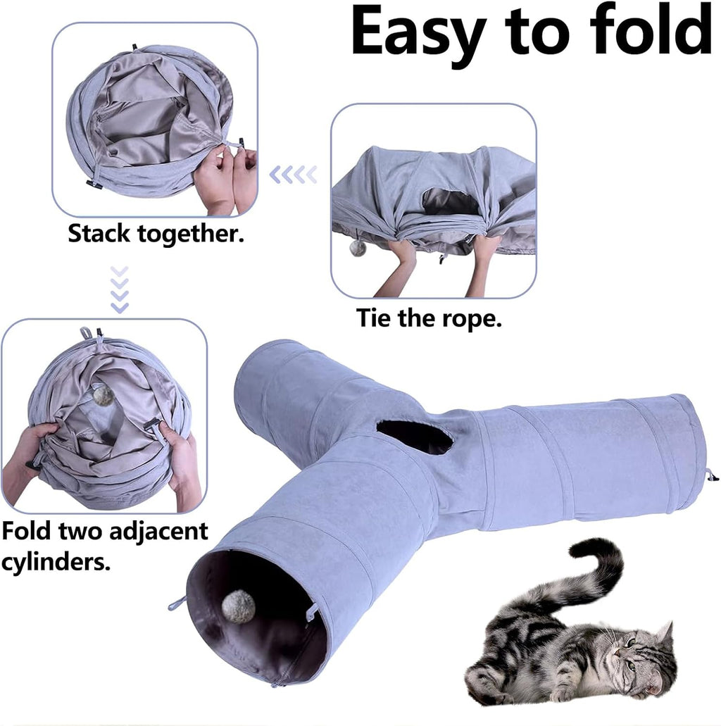 3 Way Collapsible Cat Play Tube Toys with Plush Ball, Indoor Play Tunnel for Puppy, Kitty, Kitten, Rabbit