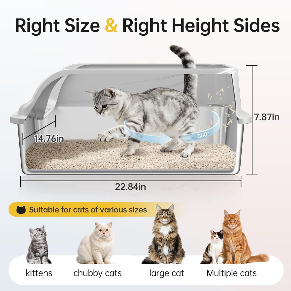 High-Sided Stainless Steel XL Cat Litter Box for Cats | High-sided design prevents urine leakage. Non-stick and easy to clean. Includes scoop.