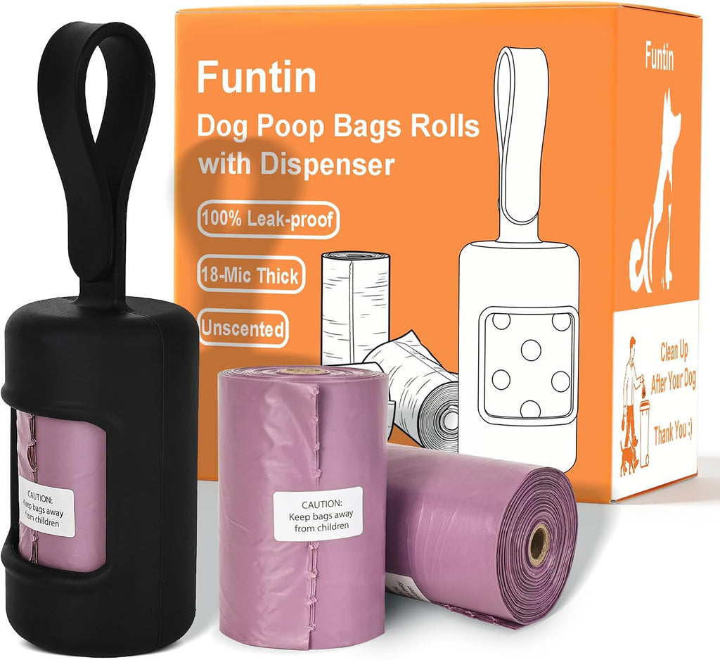 Funtin Dog Poop Bags, 60ct Extra Thick 1.8mil Unscented Waste Bag Rolls | Leak-proof, HDPE 18Mic Heavy-duty, 13”x9” Larger, Odor Blocking, Sturdy, Tear-resistant, Easy-open, Soft Silicone, Black