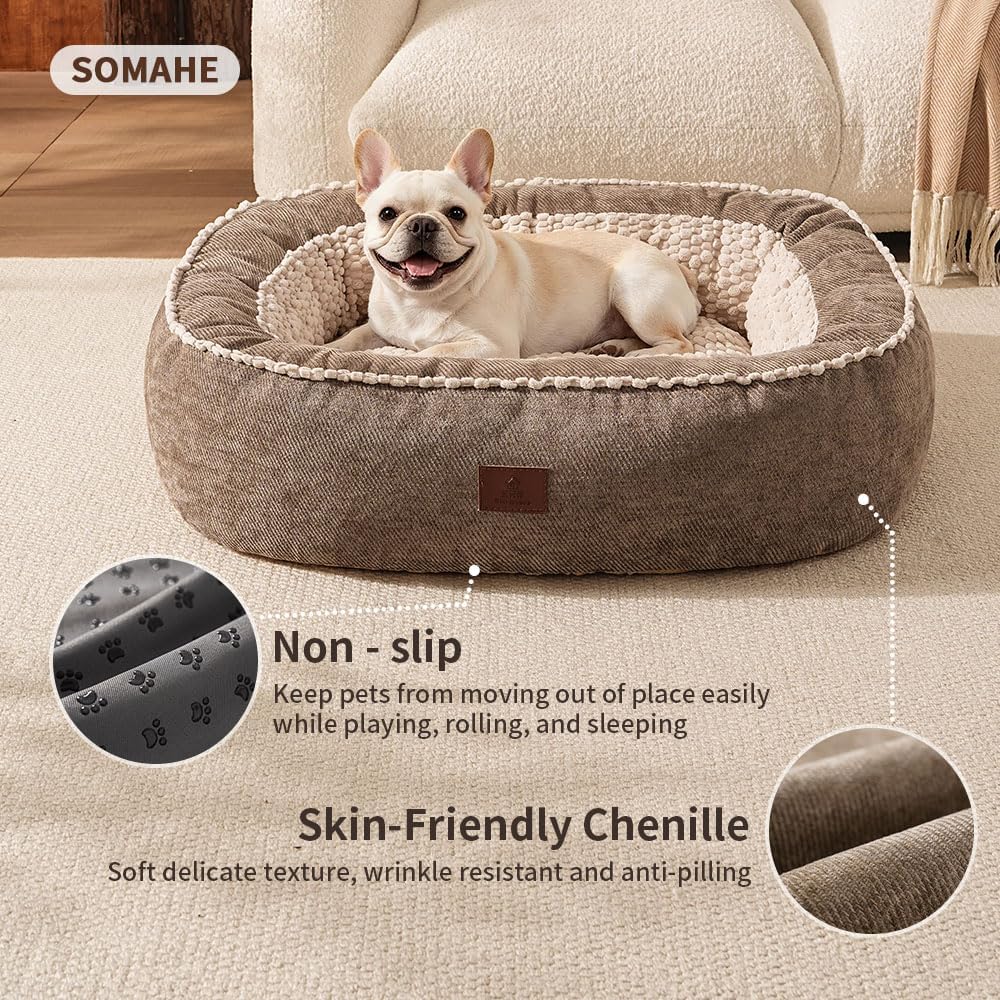 SOMAHE Calming Oval Bolster Dog Bed, Washable Cover, Medium 30x24x7 Coffee