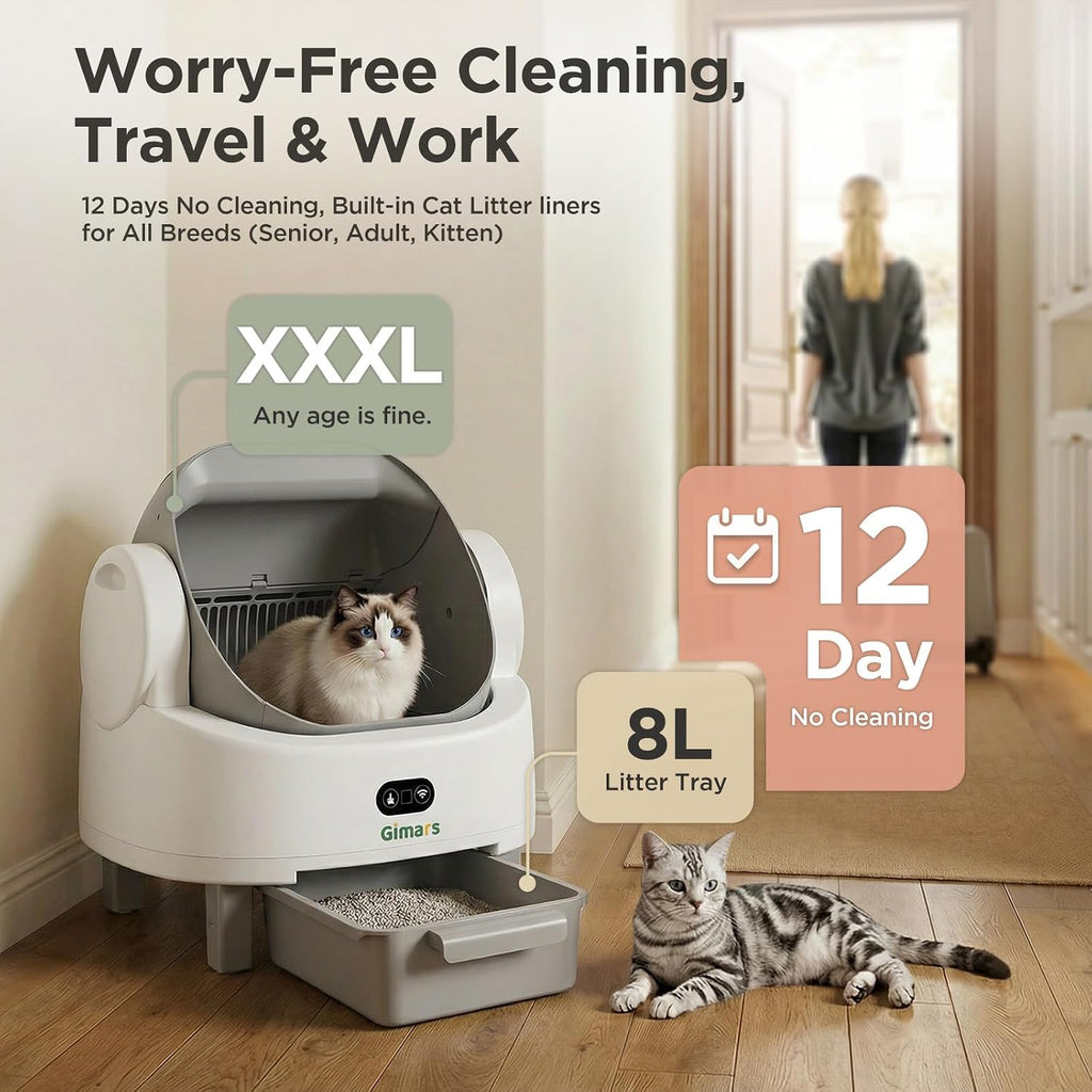 Gimars Open Top Design Self Cleaning Litter Box, Automatic Cat Litter Box for Multiple Cats & Senior Cats, App Control with Safety Sensors, Low Odor, Includes Trash Bags & Litter Mat
