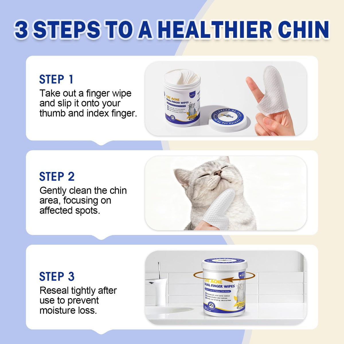 Cat Chin Wipes, Dual-Finger Cleaning Pads, Unscented, 30 Count