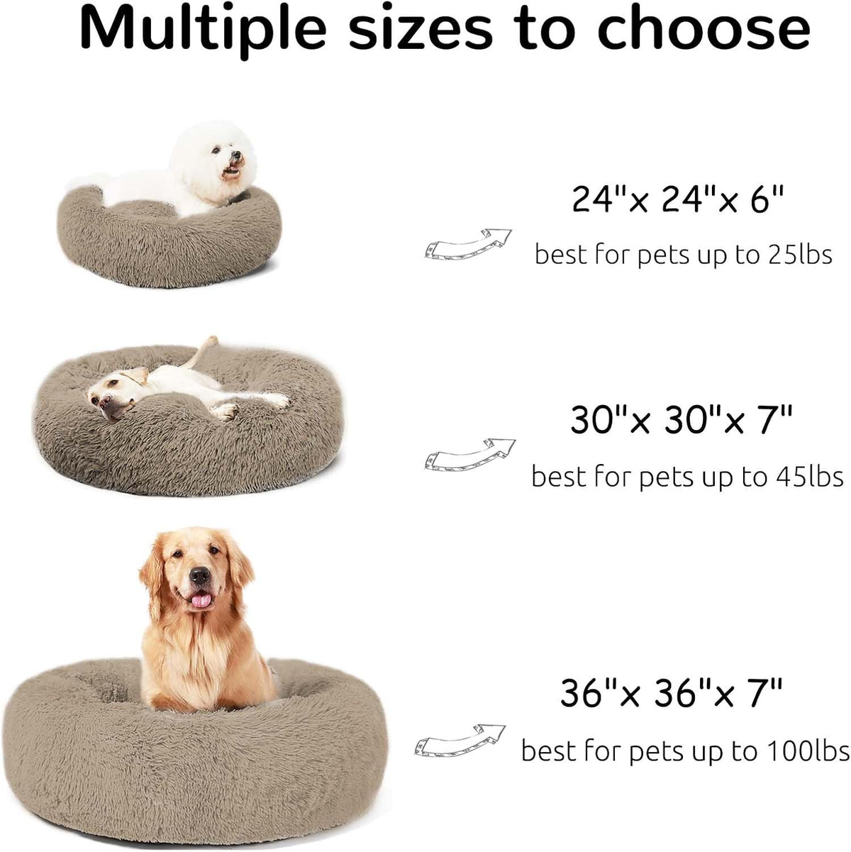 HACHIKITTY Calming Donut Cuddler Dog Bed, Round Fluffy Pet Bed with Sewn-in Cushion for Large Dogs,Washable, Taupe, XLarge 36''