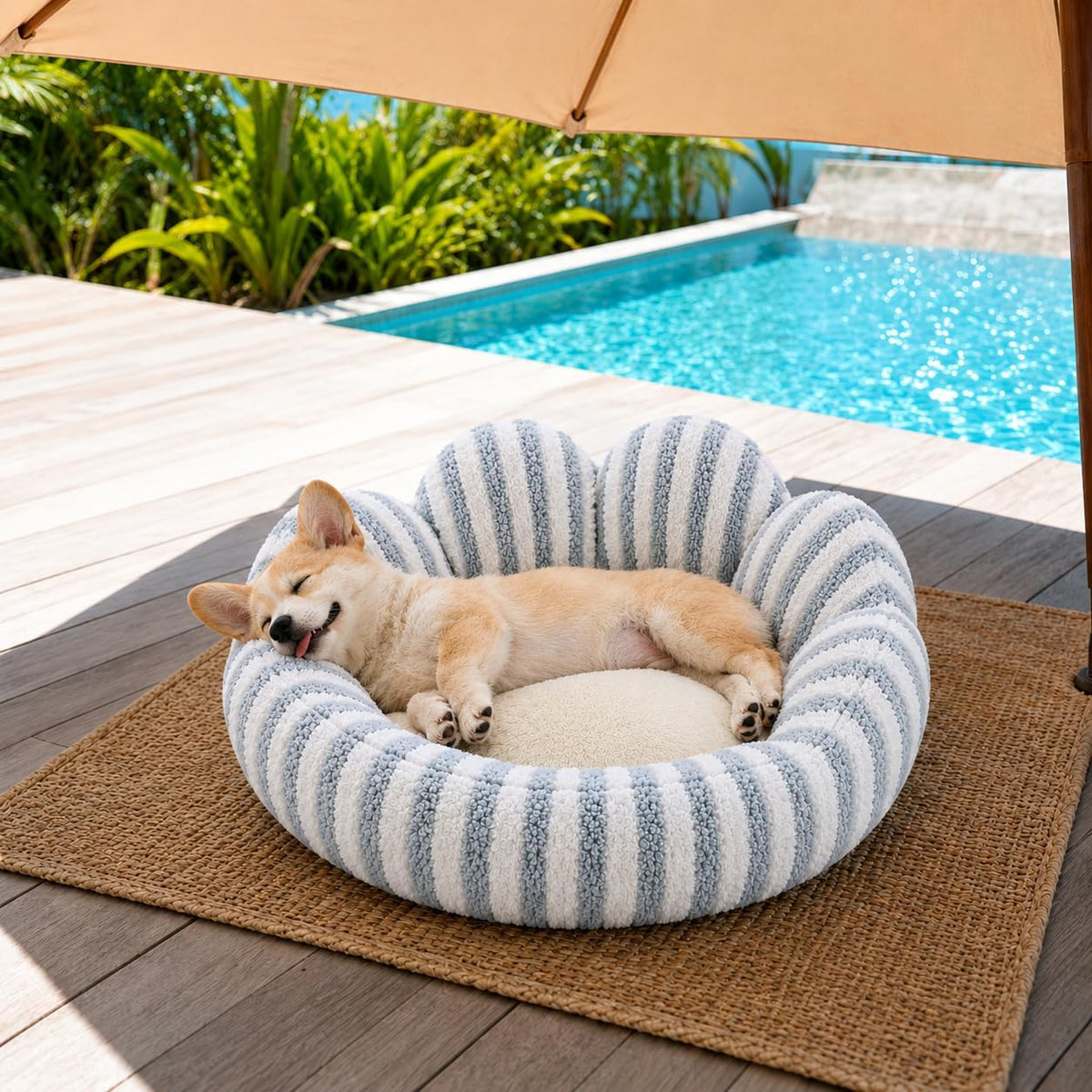 Small Dog Bed, Flower-Shaped Calming Cat Bed, 27 in, Light Blue