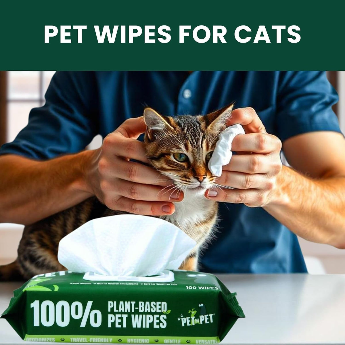 PET N PET 100% Plant Based Dog Wipes for Paws and Butt, 100 Counts Hypoallergenic Unscented Dog Pet Wipes, 8" x 8"