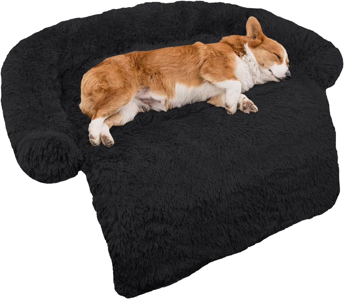 GGIB Calming Dog Bed Fluffy Plush Dog Mat for Furniture Protector with Removable Washable Cover for Large Medium Small Dogs and Cats (Medium, Black)
