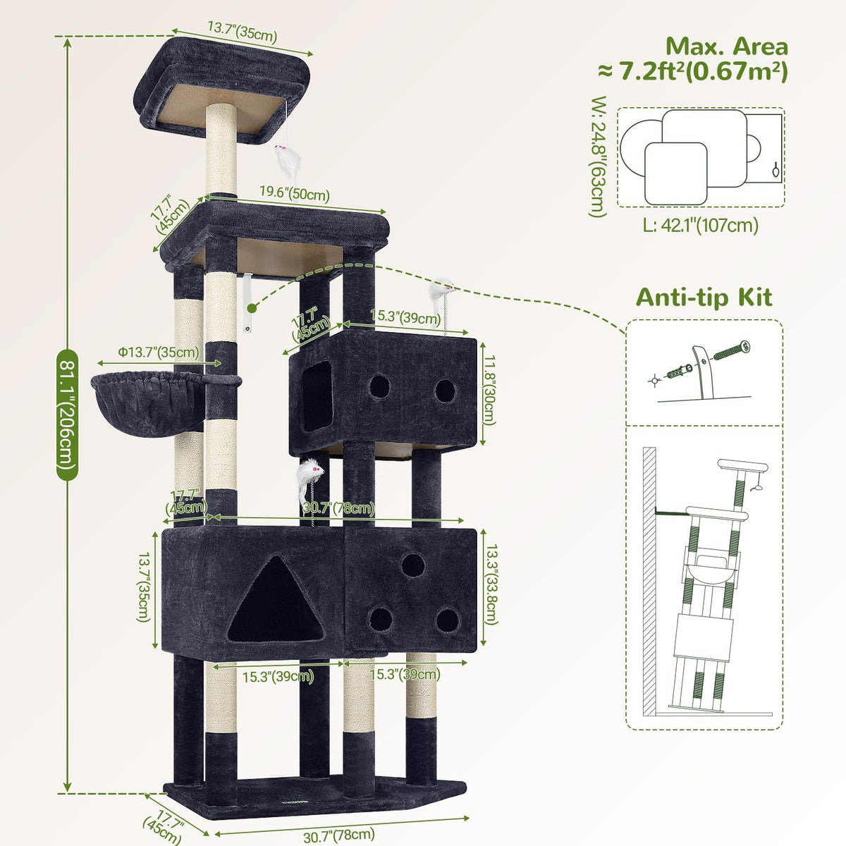 Globlazer Extra Large Cat Tower for Big Cats 20 lbs, 81in, F81, Dark Grey