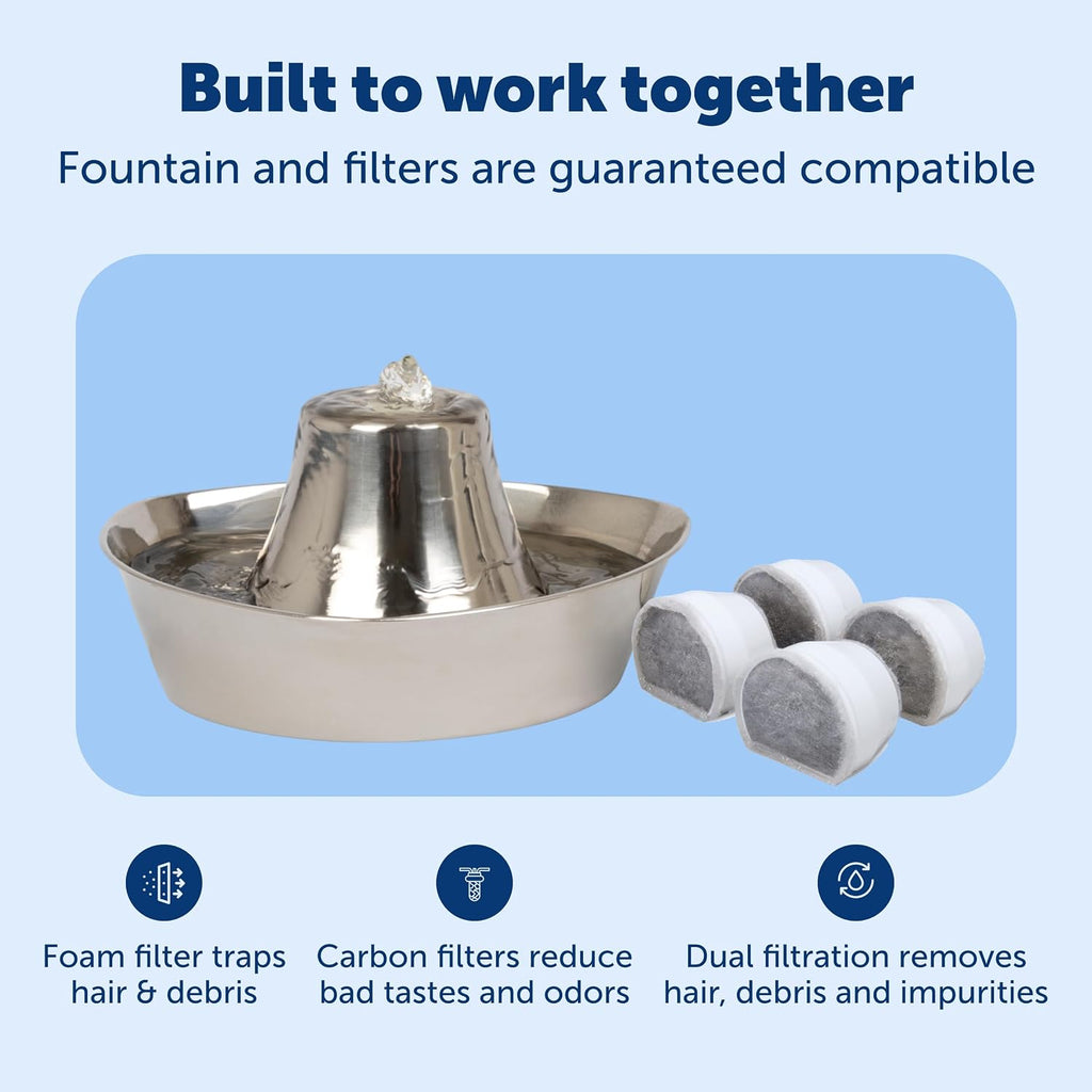 Seaside Stainless Cat & Dog Fountain with 4-Pack of Carbon Filters