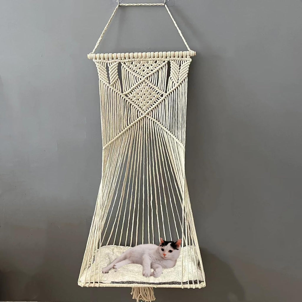 Macrame Hanging Cat Hammock Bed Cat Swing House Space Saving Window Perch with Washed Cotton Cats Toy Tassel Basket Tapestry (Beige, Swing Bed+Cushion, XL)