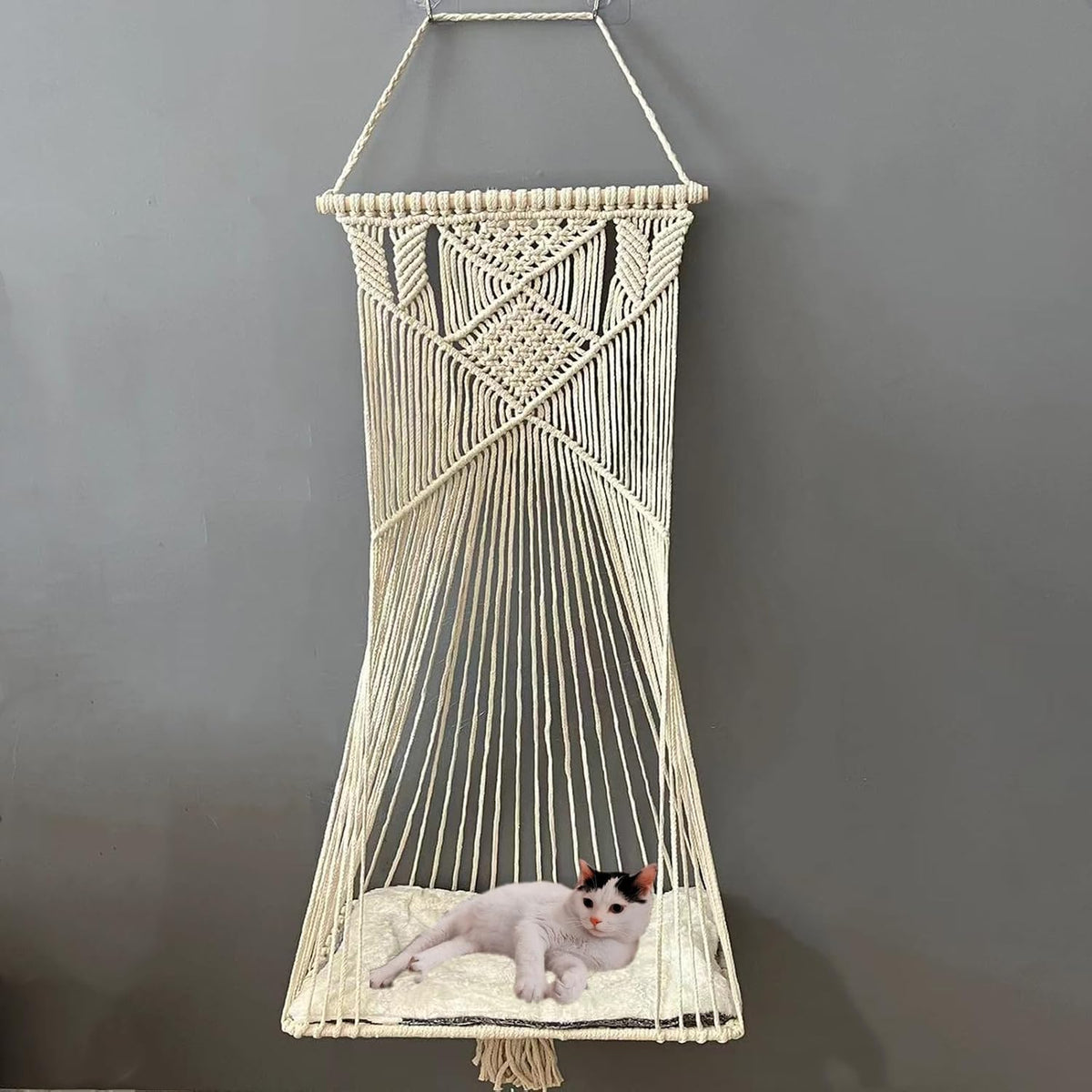 Macrame Hanging Cat Hammock Bed Cat Swing House Space Saving Window Perch with Washed Cotton Cats Toy Tassel Basket Tapestry (Beige, Swing Bed+Cushion, XL)