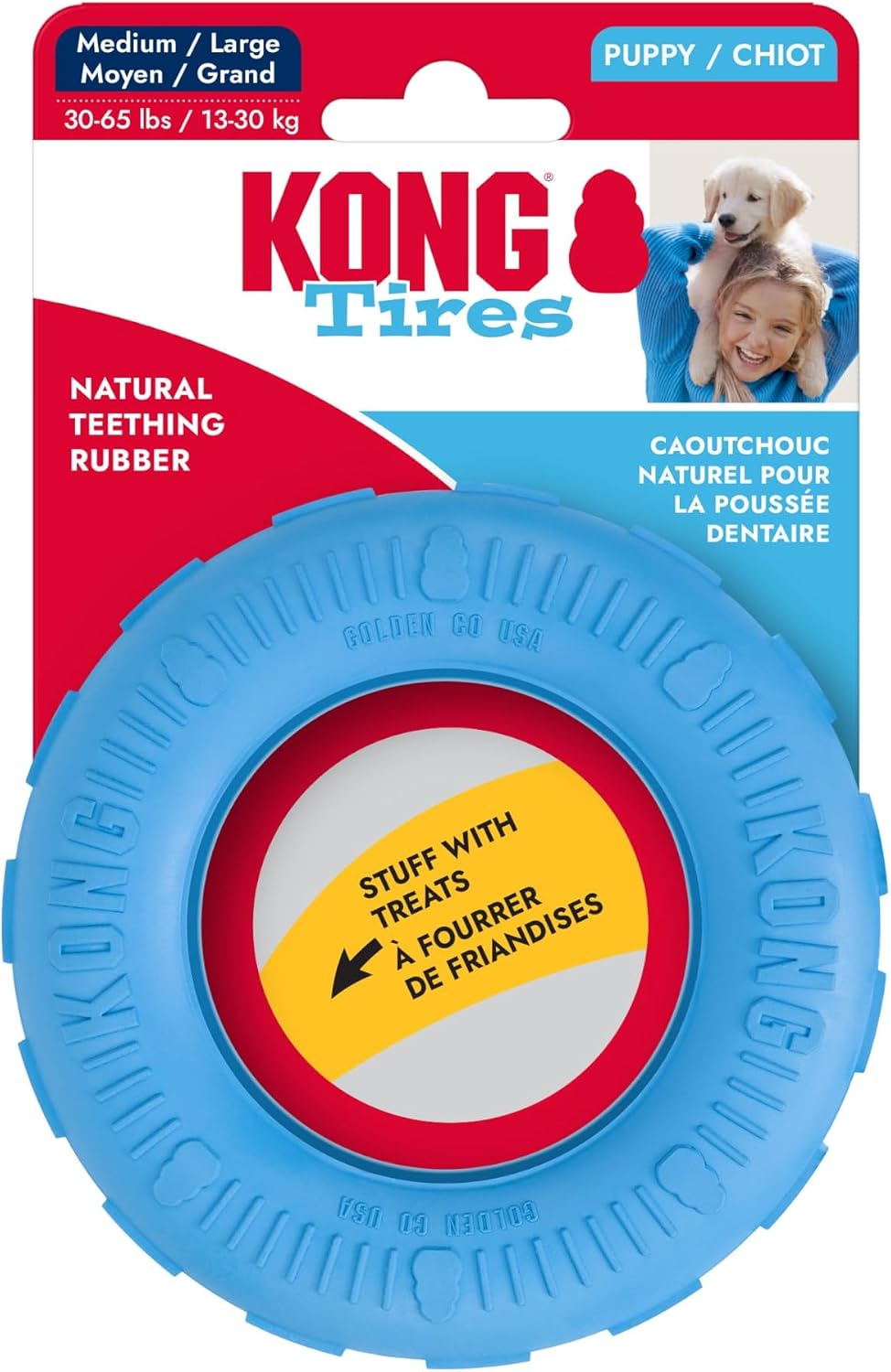 KONG Puppy Tires, Natural Rubber Teething Toy, Medium/Large Puppies, Blue | Durable KONG Natural Rubber Chew & Fetch Toy That Promotes Healthy Teeth & Gums with a Fun Bounce & Easy Roll