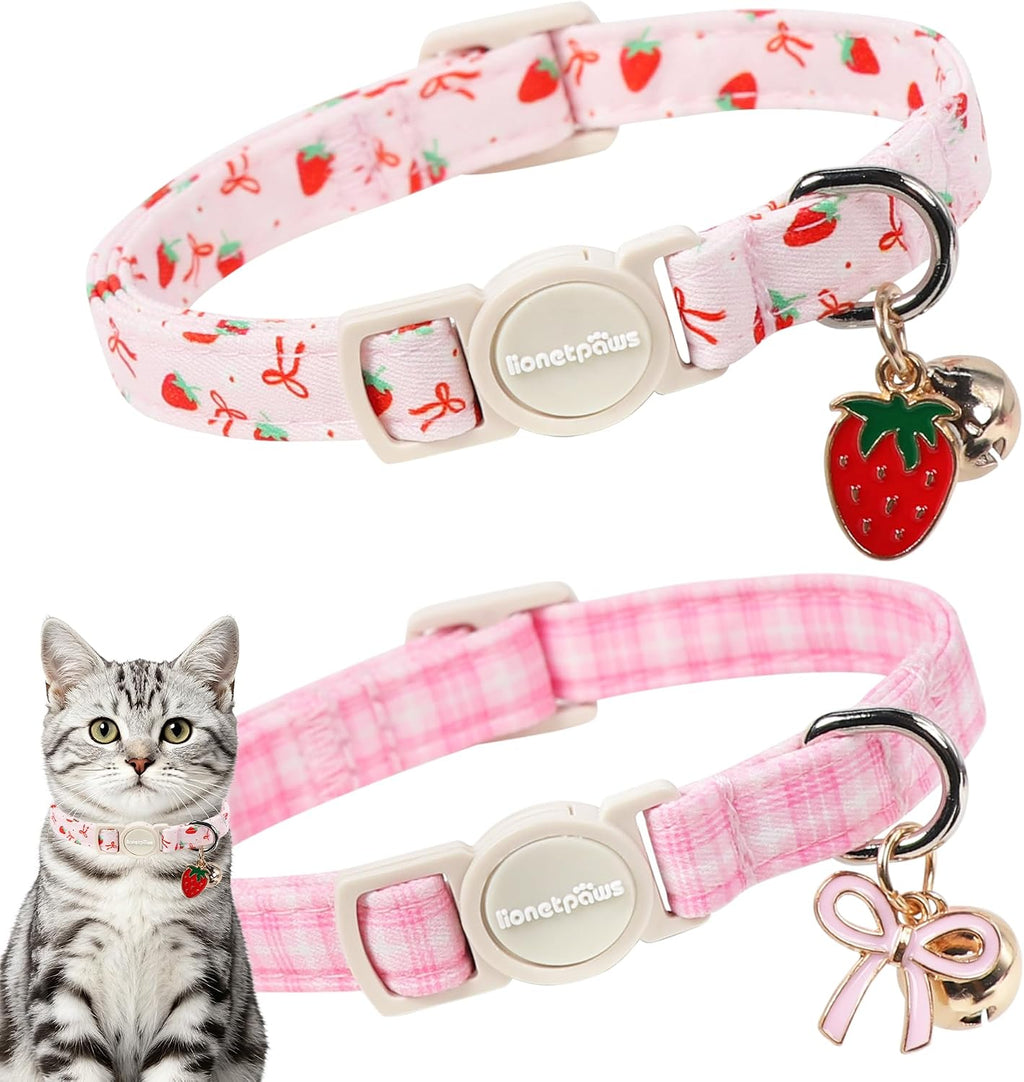 lionet paws 2 Pack Cat Collar Breakaway with Bells-Pink Plaid & Strawberry