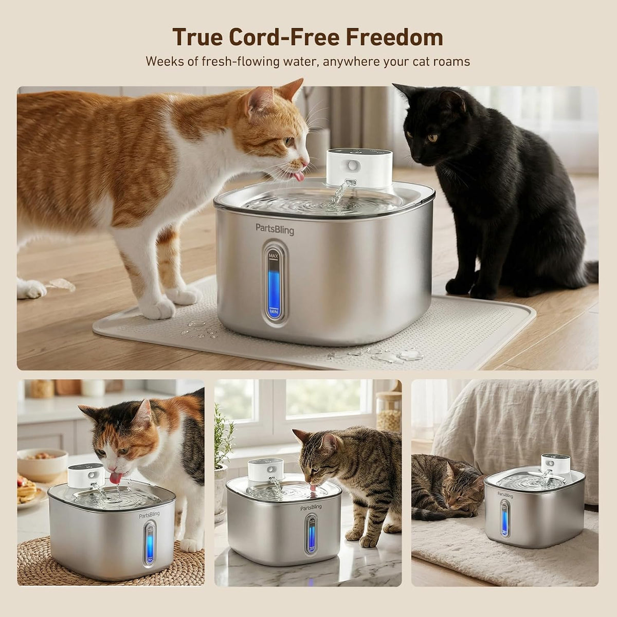 PartsBling Stainless Steel Cat Water Fountain, 4.2L/142 oz