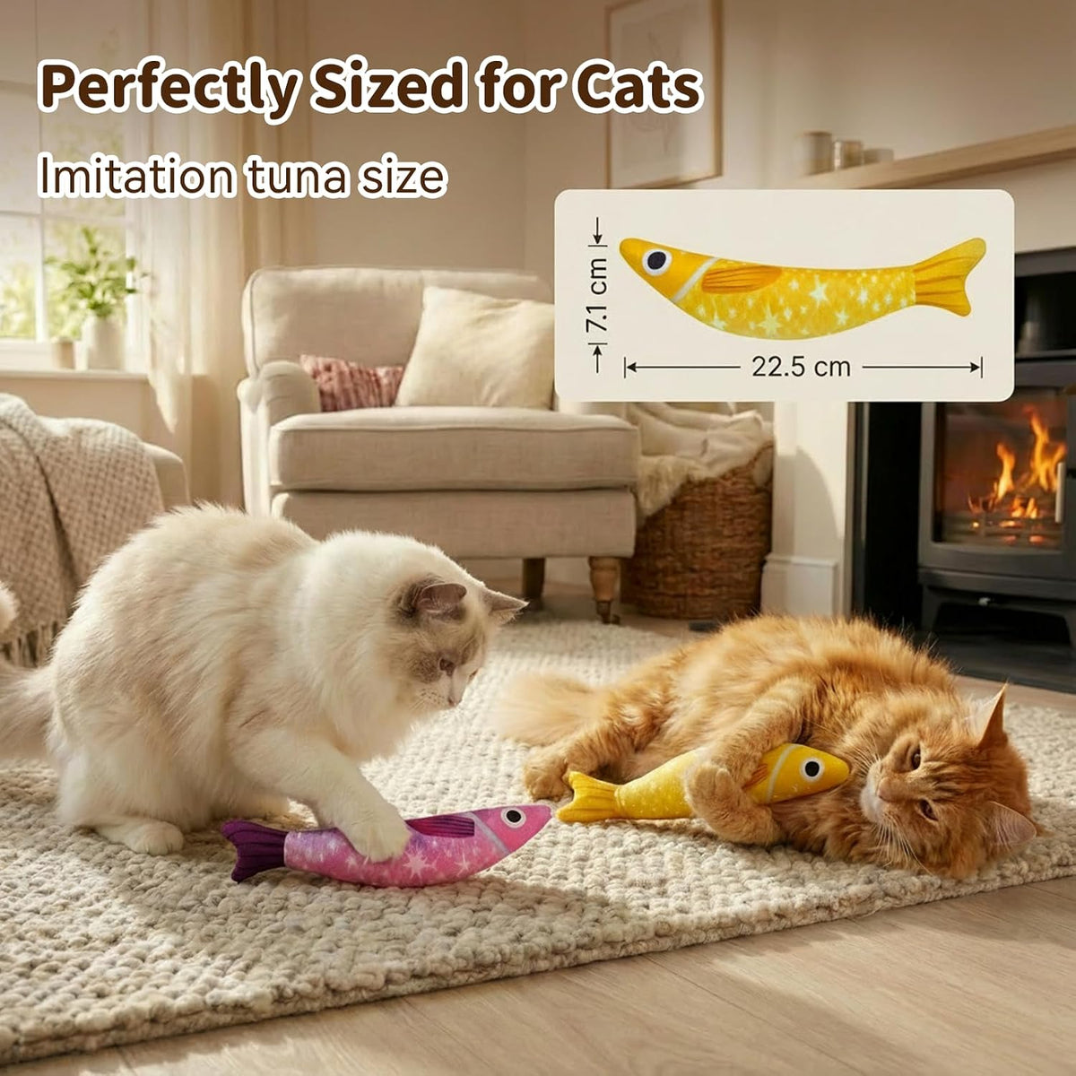 Cat Toys for Indoor Cats, Fish-Shaped Pillow, 2 Pack Yellow + Purple | 5000mg A+Natural Catnip & Bell, Interactive Soft Chew Kicker, For Indoor Cats & Kittens, Crinkle & Bell Fish Sound Toy