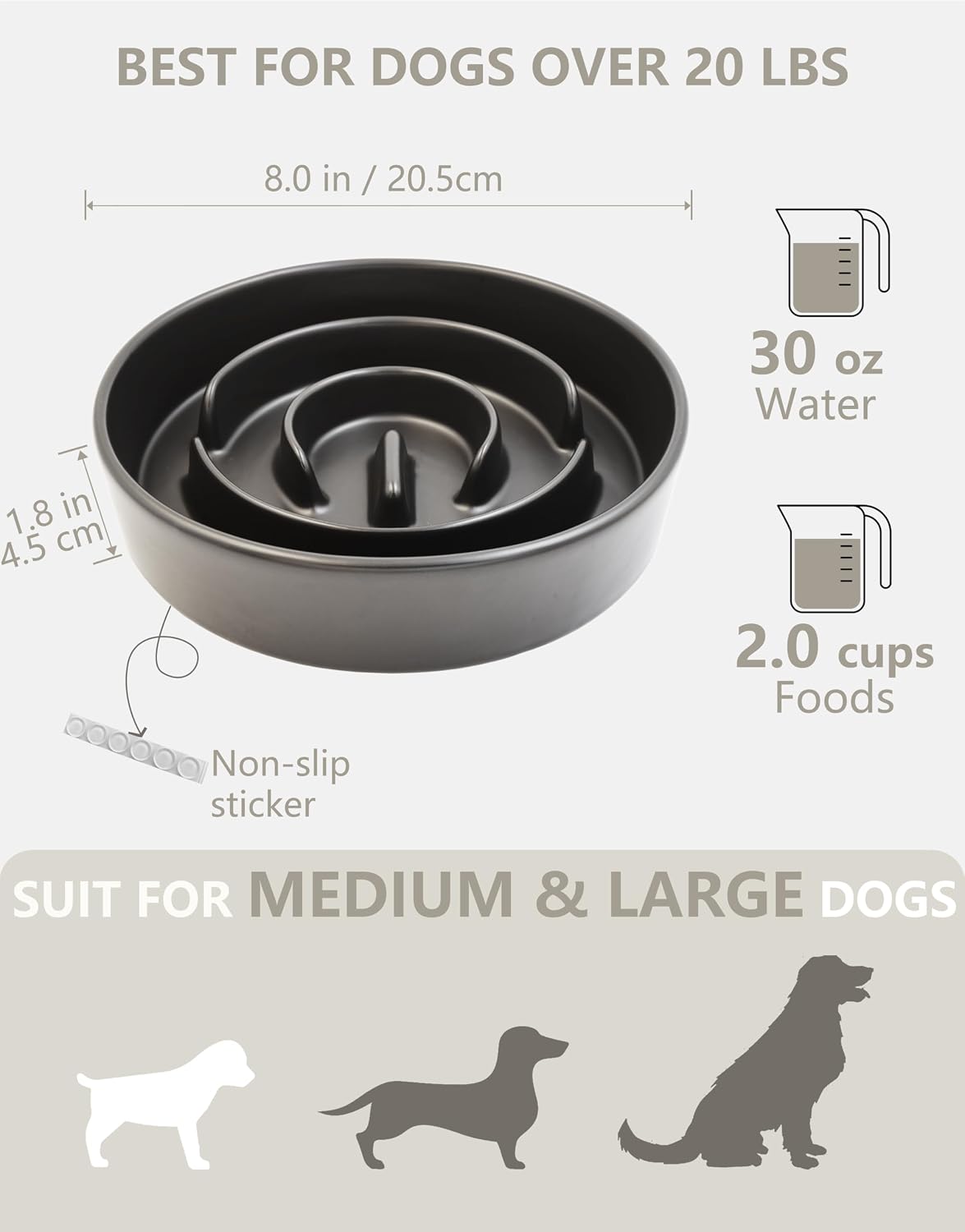 Ceramic Slow Feeder Dog Bowls, 2.0 Cups Slow Feeder for Medium Dogs, Puzzle Maze Bowl to Slow Down Eating, 30oz, 8in, Black