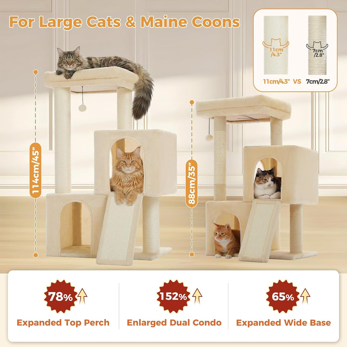 PAWZ Road Large Cat Tree, 45" Heavy Duty Cat Tower with Dual Condos, Beige
