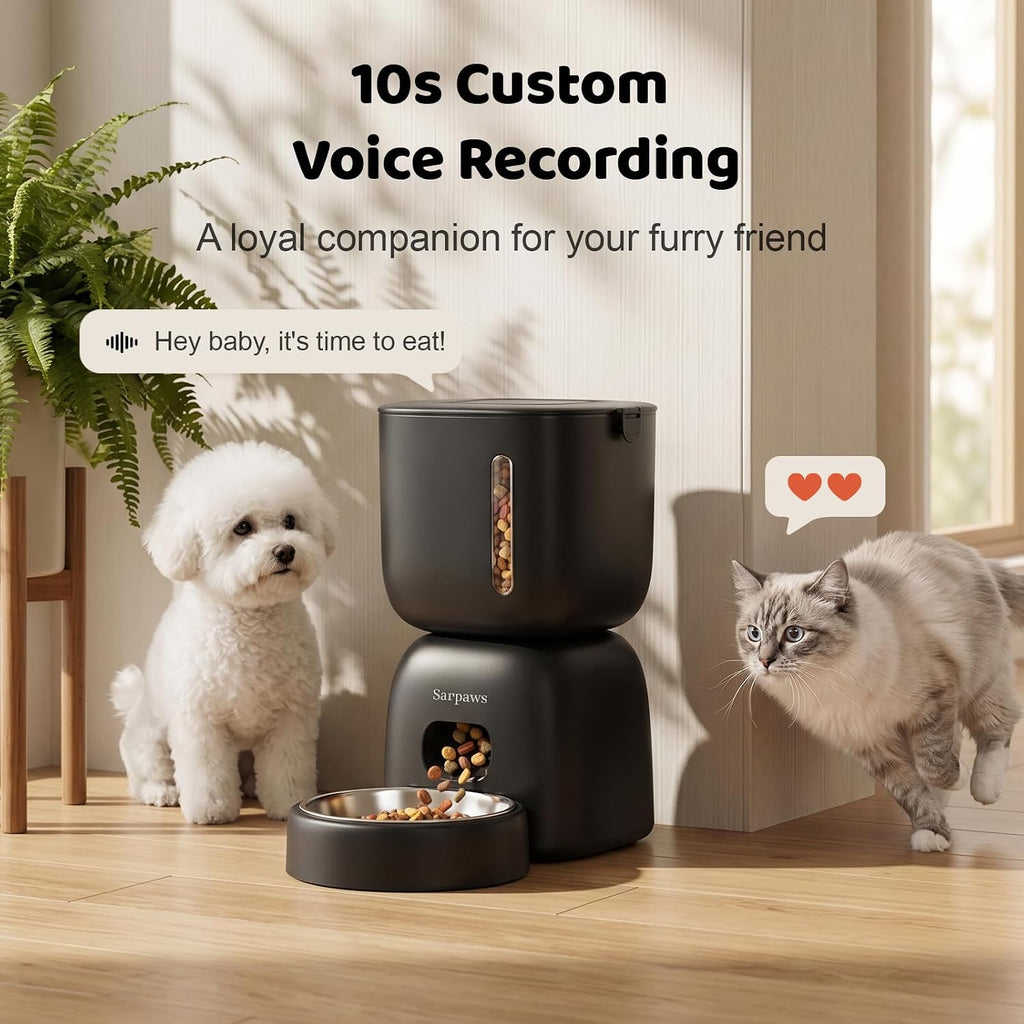 SARPAWS Automatic Cat Feeder, 3L Timed Pet Food Dispenser with 304 Stainless Steel Bowl, 10s Voice Recorder, Dual Power 180-Day Battery Life, Anti-Clogging Auto Pet Feeder for Small Cats and Dogs