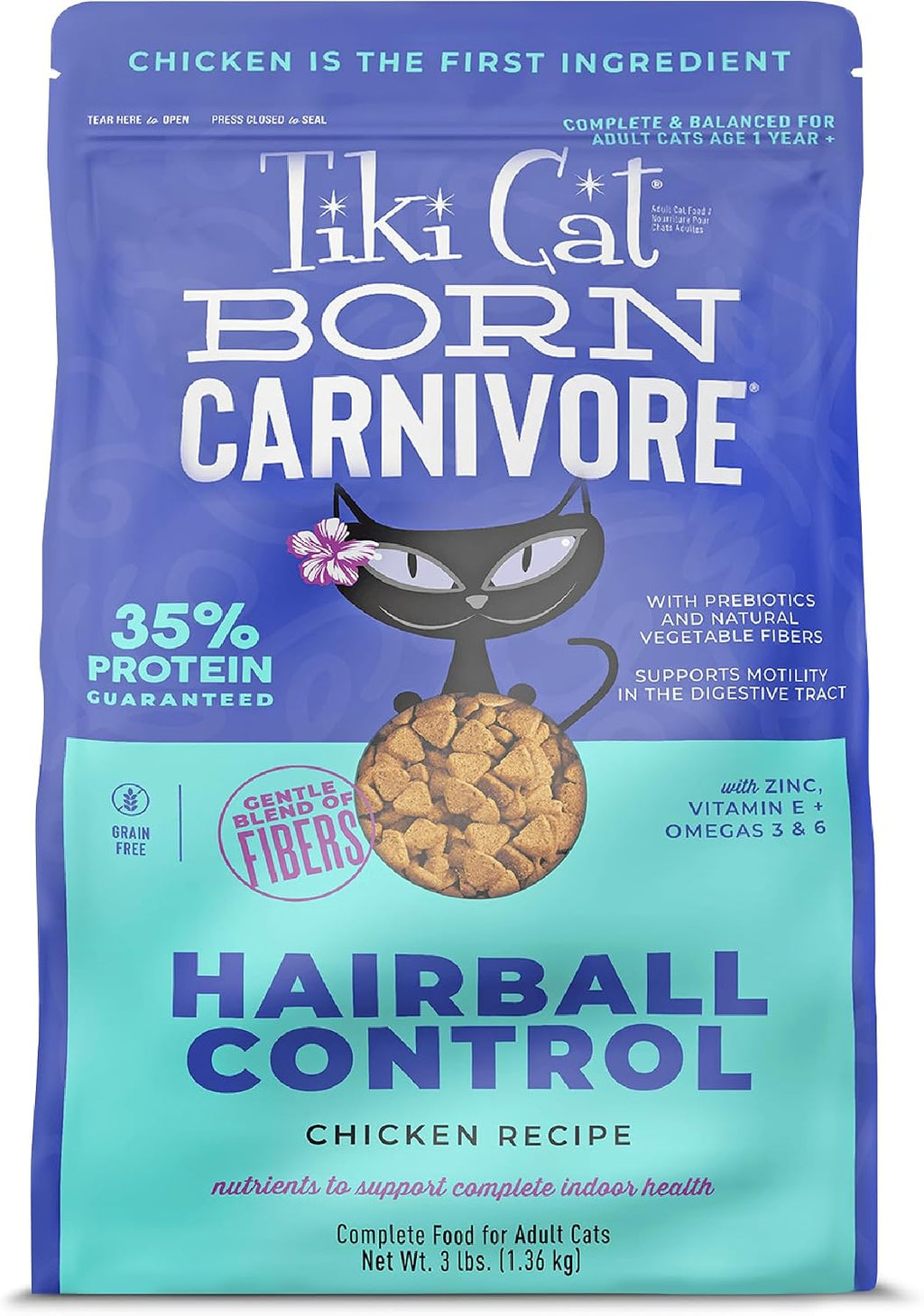 Tiki Cat Born Carnivore Dry Cat Food Hairball Control, Chicken, 3 lb Bag