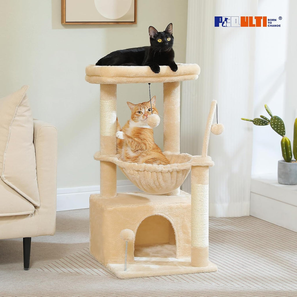 PEQULTI 4-in-1 Cat Tree for Kittens & Small Cats, 33in Beige Tower