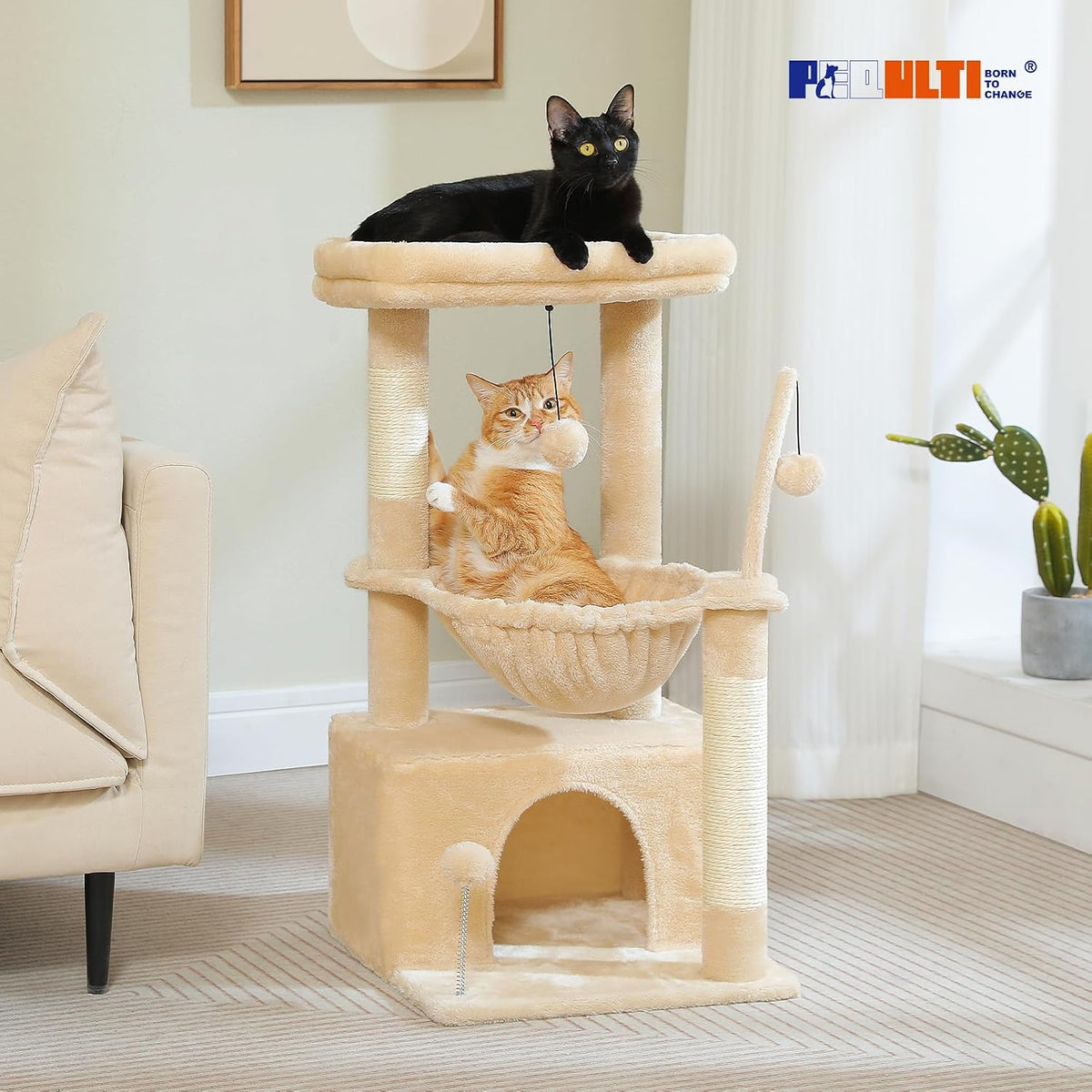 PEQULTI 4-in-1 Cat Tree for Kittens & Small Cats, 33in Beige Tower