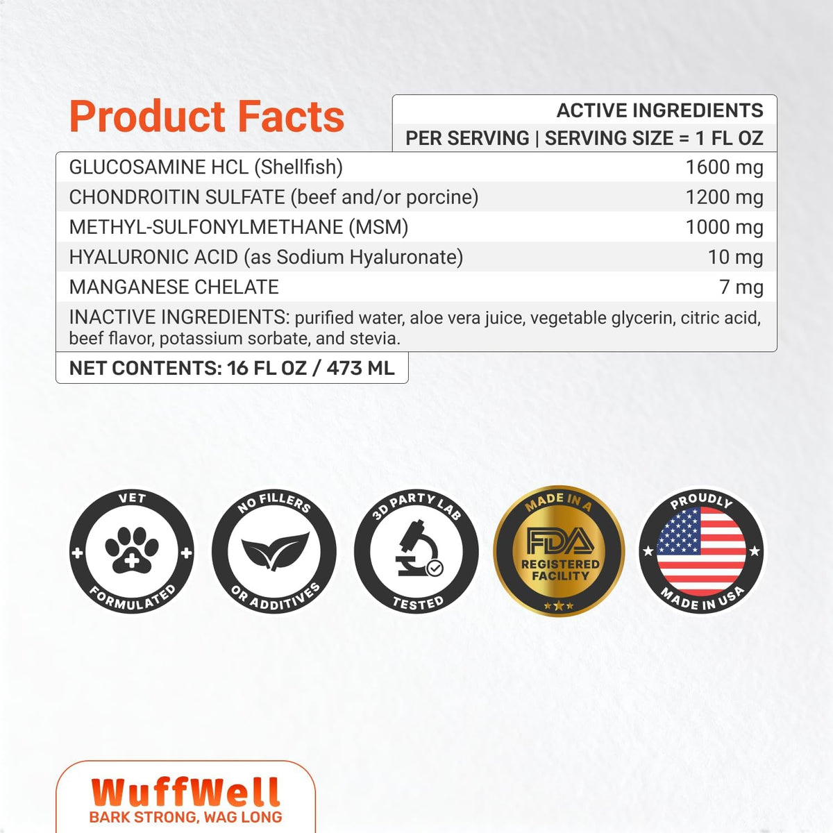 WuffWell Liquid Glucosamine Hip & Joint Support for Dogs, USA Made, 16oz