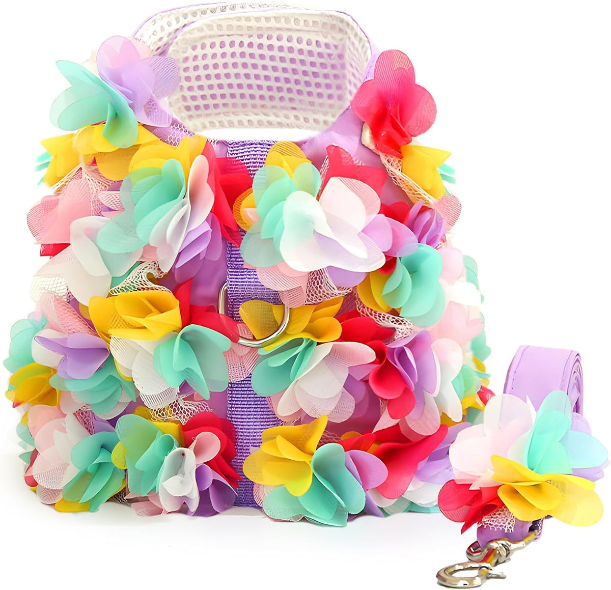 Cute Small Dog Harness and Leash Set Purple Lace Floral Girl Puppy Harness for Small Dogs Cats Soft Mesh Dog Vest Harness Escape Proof Pet Cat Harness Outfits