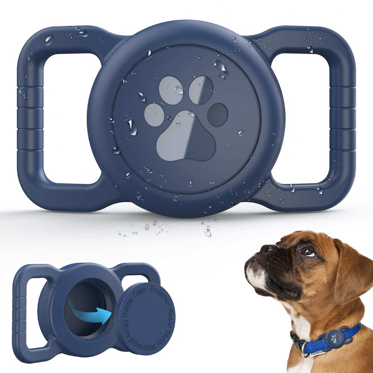 Waterproof Airtag Dog Collar Holder, Full Covered Silicone Case, Navy Blue