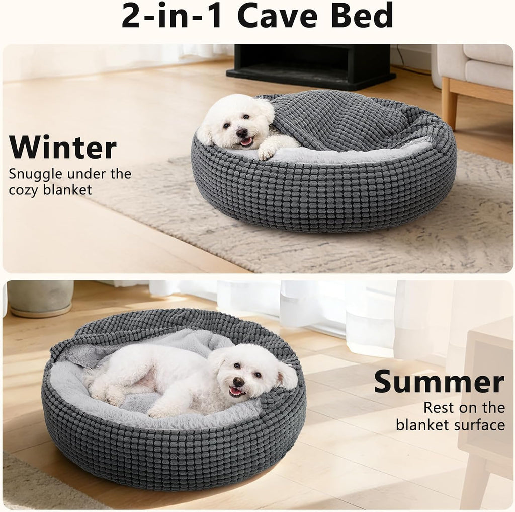 Dog Bed with Attached Blanket for Small Dogs or Cats, Soft Plush Cozy Donut Cuddler Hooded Pet Beds Washable. Round Puppy Bed Orthopedic, Calming Cat Cave Bed. Anti-Slip Bottom 26inch
