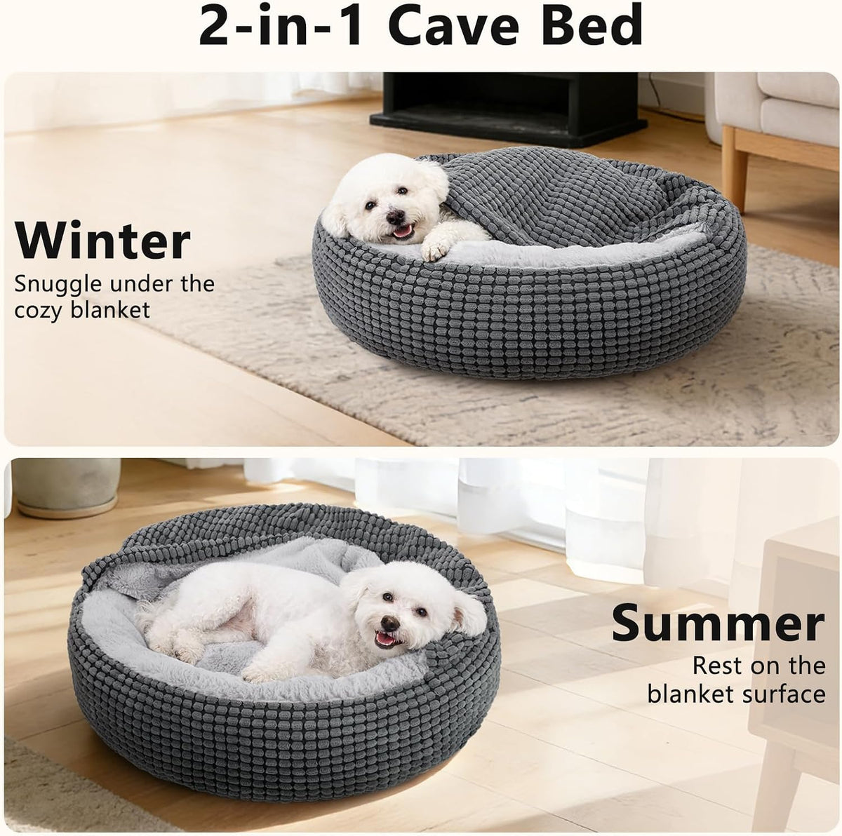 Dog Bed with Attached Blanket for Small Dogs or Cats, Soft Plush Cozy Donut Cuddler Hooded Pet Beds Washable. Round Puppy Bed Orthopedic, Calming Cat Cave Bed. Anti-Slip Bottom 26inch