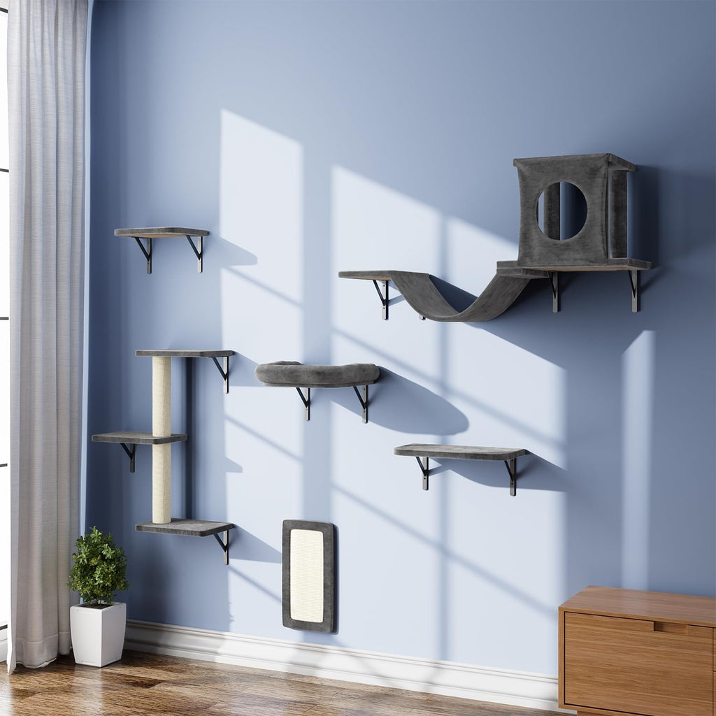 Cat Wall Shelves, 6 Pcs Luxury Wall-Mounted Cat Climber Shelves, Dark Gray