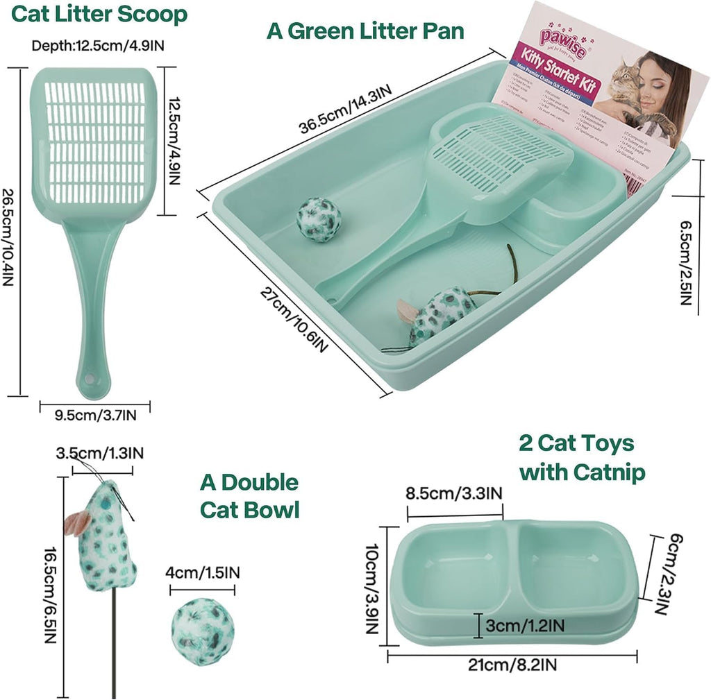 PAWISE Small Cat Litter Box,14.3 x 10.6 x 2.5 Kitten Litter Box Starter Kit,Low Entry,Scoop,Bowls,Cat Mouse Toy and Ball Toy,First Catty Owner Essentials(Green)