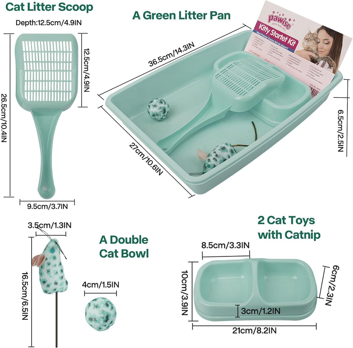 PAWISE Small Cat Litter Box,14.3 x 10.6 x 2.5 Kitten Litter Box Starter Kit,Low Entry,Scoop,Bowls,Cat Mouse Toy and Ball Toy,First Catty Owner Essentials(Green)