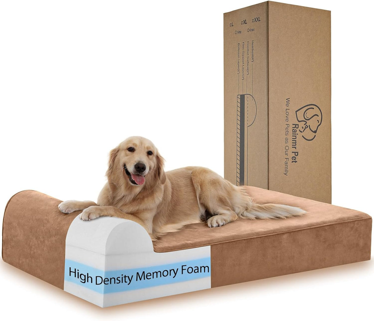Rainmr Orthopedic Dog Beds for Large Dogs, 7" Memory Foam Dog Beds with Waterproof Liner, Durable Microsuede Cover, Removable and Washable, Nonskid Bottom, 60"x48"x7" XXL Khaki