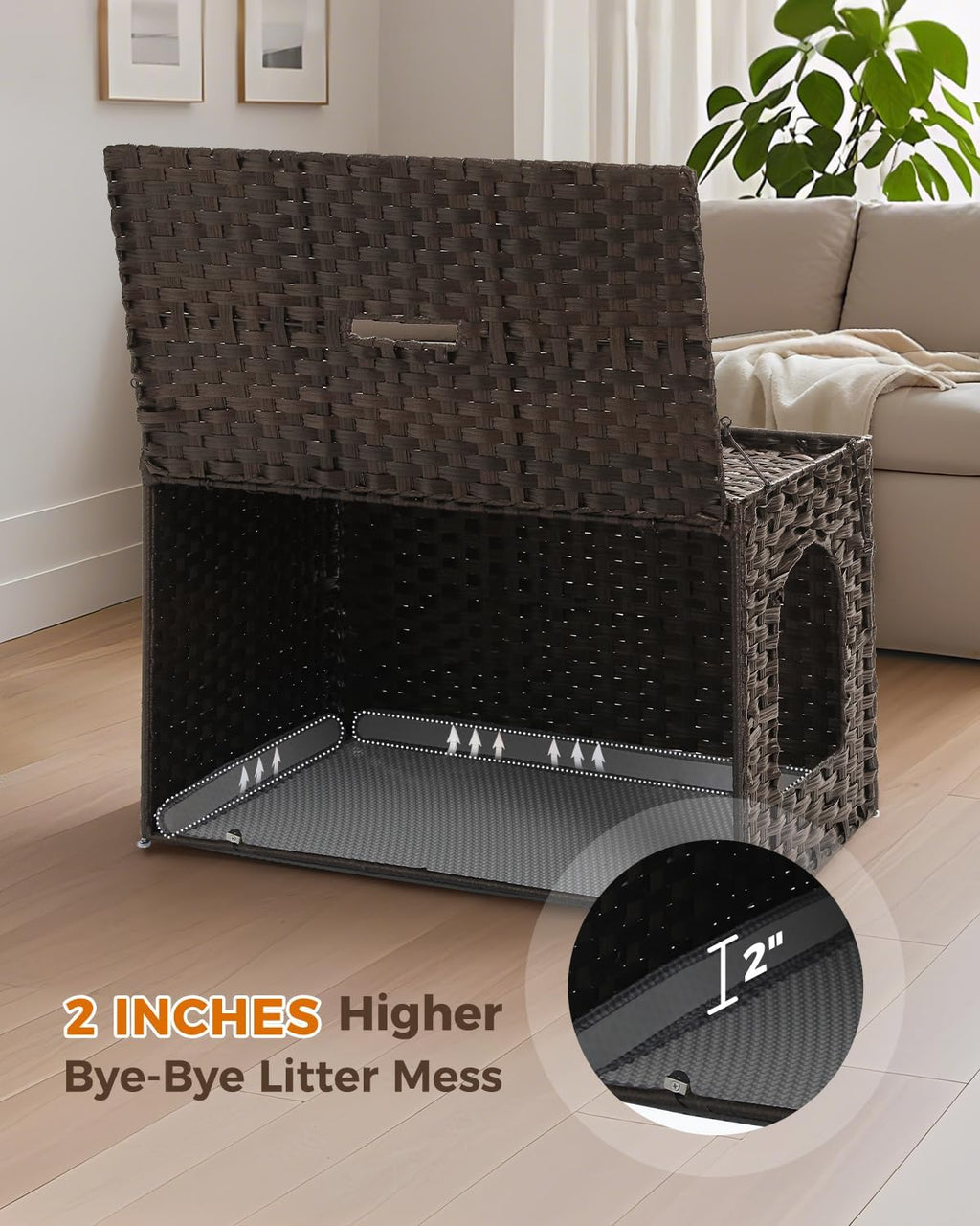 MUTTROS Rattan Cat Litter Box Enclosure - Hidden Litter Box Furniture by Handwoven Wicker with Taller Doorway & Raised Edge Mat-Cat House Cabinet for Large Cats Indoor Living Room Odor Control, Brown