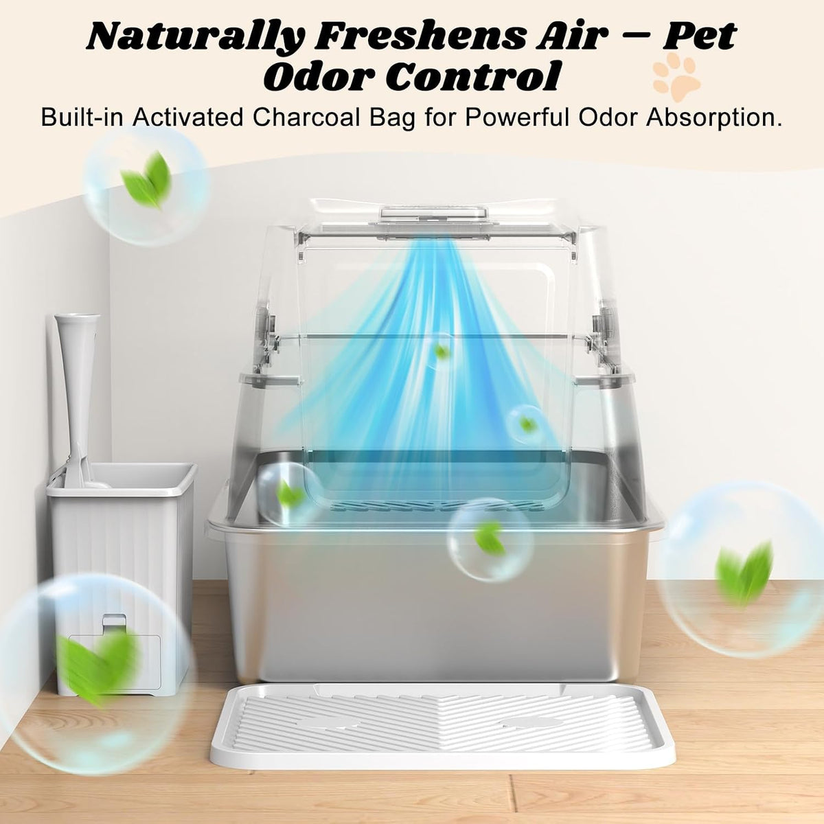 Stainless Steel Litter Box with Lid | Extra Large Enclosed Cat Litter Box | High Sided Metal Litter Boxes for Big Cats | 100% Anti-Urine Leakage | Odor‑Resistant | Non-Stick with Litter Scoop Set & Mat