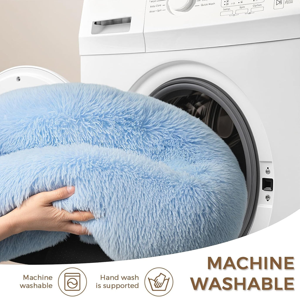 Calming Round Dog Bed & Cat Bed with Anti-Slip Bottom, Medium Size Washable Anti-Anxiety Donut Dog Beds for Small Dogs & Cats, Fluffy Plush Soft Dog Bed(24 Inch, Light Blue)