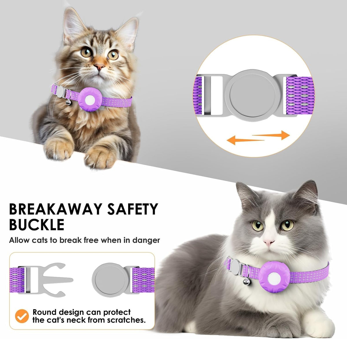 Cat Tracker, GPS Tracker, Compatible with Apple Find My App(Only iOS), Waterproof Cat Tracker Collar with Bell and Safety Elastic Buckle, No Monthly Subscription Fee, Up to 1-Year Battery, Purple