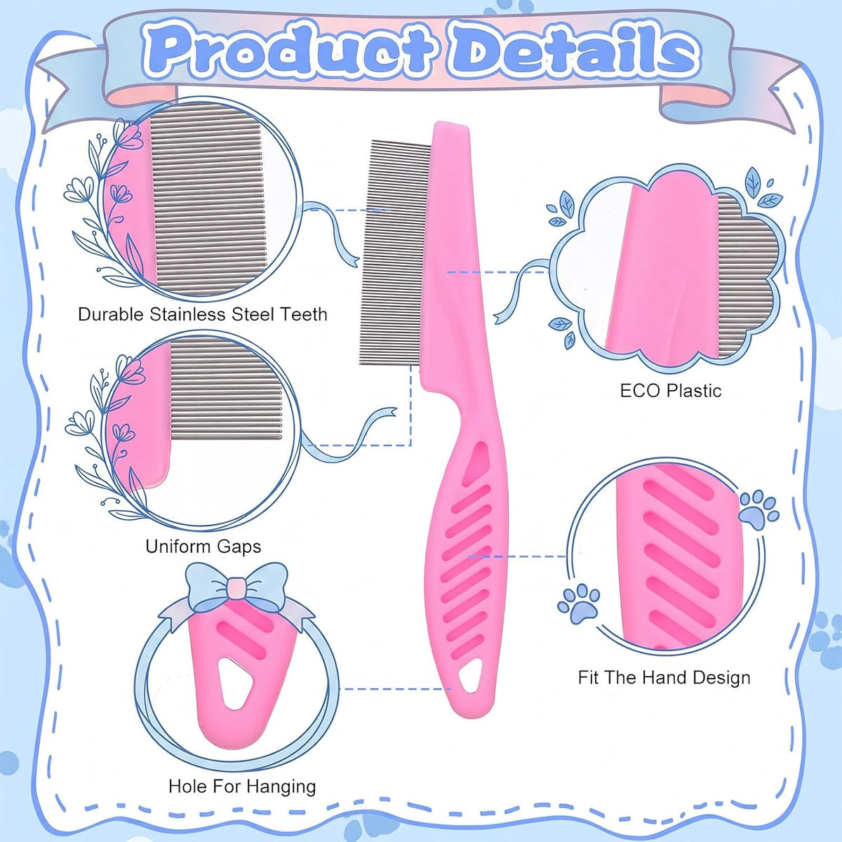 24 Pcs Flea Comb for Cats and Dogs, Stainless Steel Metal Teeth Detangling Grooming Tool, 12 Large 12 Small, White Pink Blue, 2 Sizes