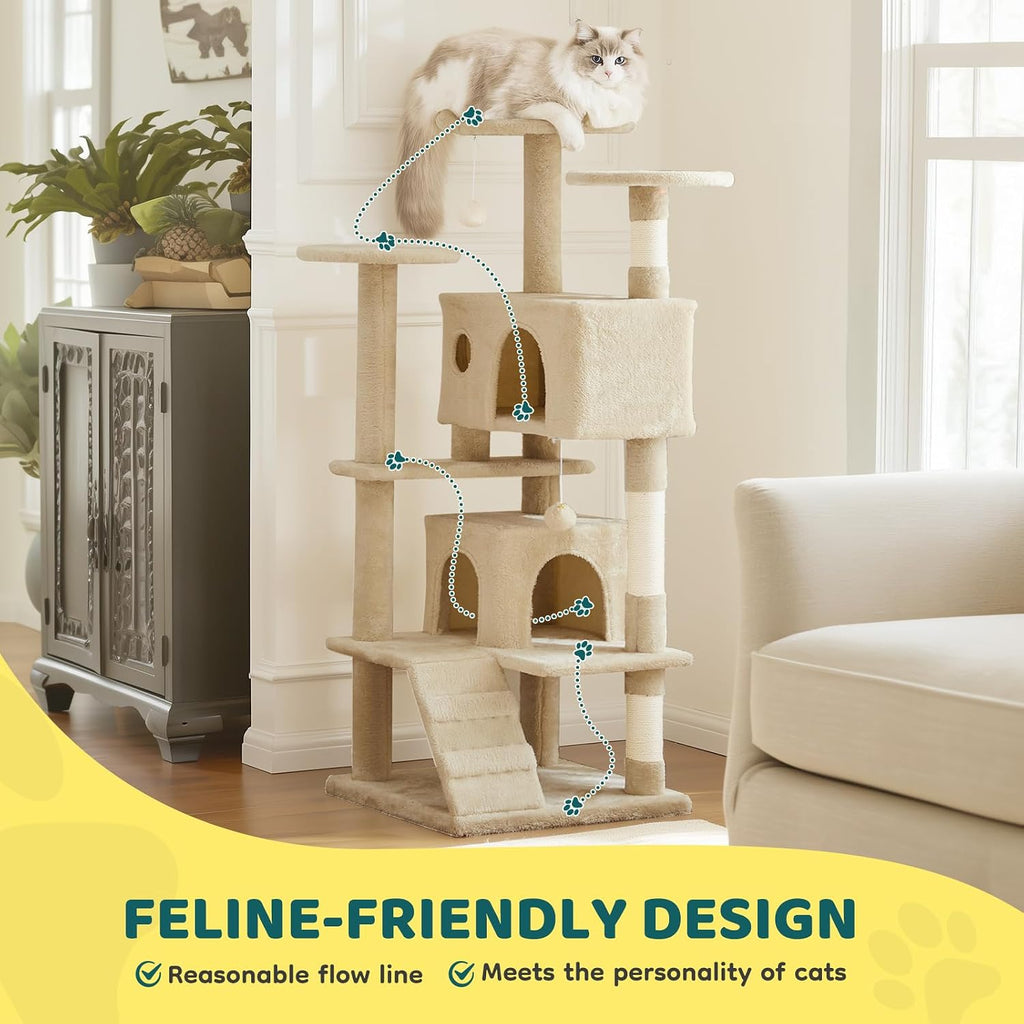 54 Inch Cat Tree Tower with Sisal Scratching Post, Multi-Level
