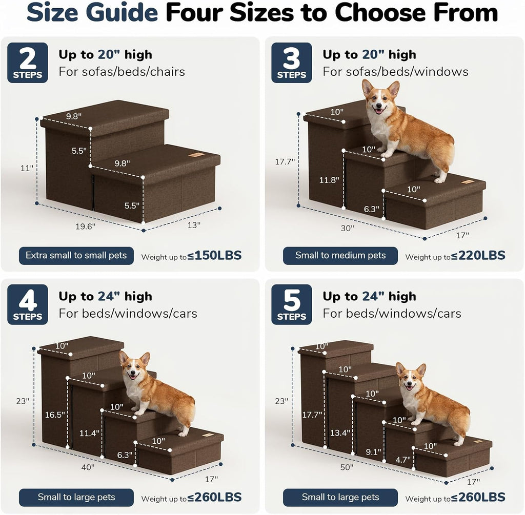 5-Step Wide Dog Stairs with Storage 23" H, Non-Slip Sturdy Pet Steps for High Bed Couch Window, Pet Stairs for Small/Medium/Large Old Dogs Cats Up to 260lbs, Cat Dog Steps for Car/SUV, Coffee