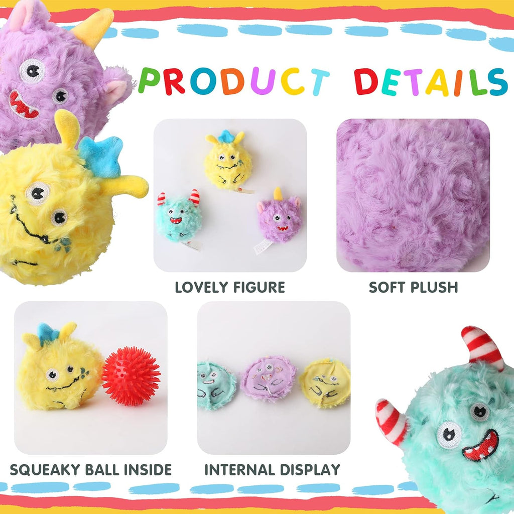 D KING D KING 3Pack Durable Plush Squeaky Dog Ball for Aggressive Chewers, Interactive Sound Dog Toy for Medium & Large Breeds, Tough Stitched Stuffed Chew Ball for Indoor & Outdoor Play(Monster Ball)