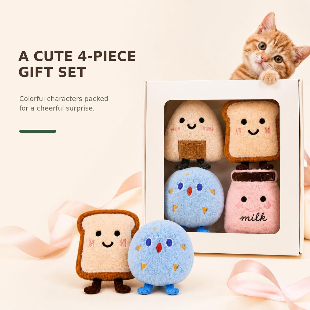 Catnip Toys for Cats, Cat Toys for Indoor Cats, 4 Pack Interactive Plush Food-Shaped Kicker Set with Jingle Bells for Kittens, Batting and Bunny Kick Play, Toast, Milk Carton, Rice Ball and Cookie
