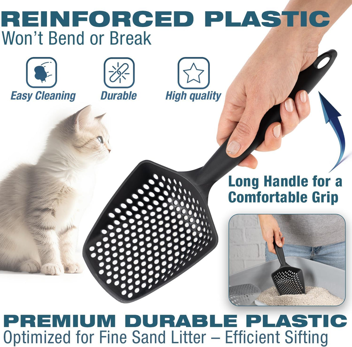 Set of 2 Cat Litter Scoop with Small Holes for Fine Litter, Hanging Handle Deep Reptile Terrarium Sand Sifter, Poop Scooper Rabbit Pooper Lifter Kitten Sifting Shovel (Black, Set of 2)