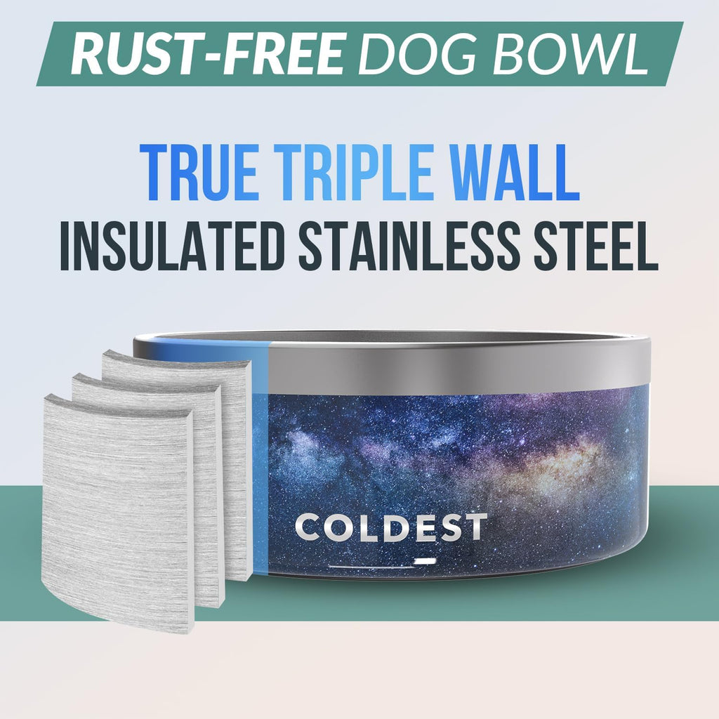 Coldest Dog Bowl - Anti Rust Metal, Non Slip, 3 Layers Insulated Stainless Steel Dog Bowls - Spill Proof & Heavy Duty - Water Bowl for Dogs, Cats & Pets, Dish Washer Safe (100 oz, Into The Beyond)