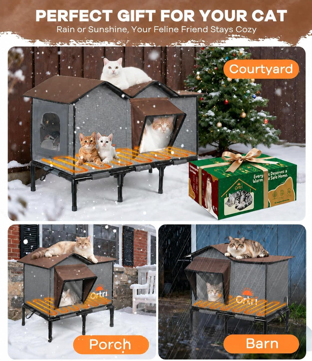 Outdoor Heated Cat House for Outside: Winter Insulated Weatherproof 30"×14"×20" Shelter with Extra Large Elevated Warm Heater and Waterproof Heating Bed for Multiple Feral Kitties Small Pets for Barn