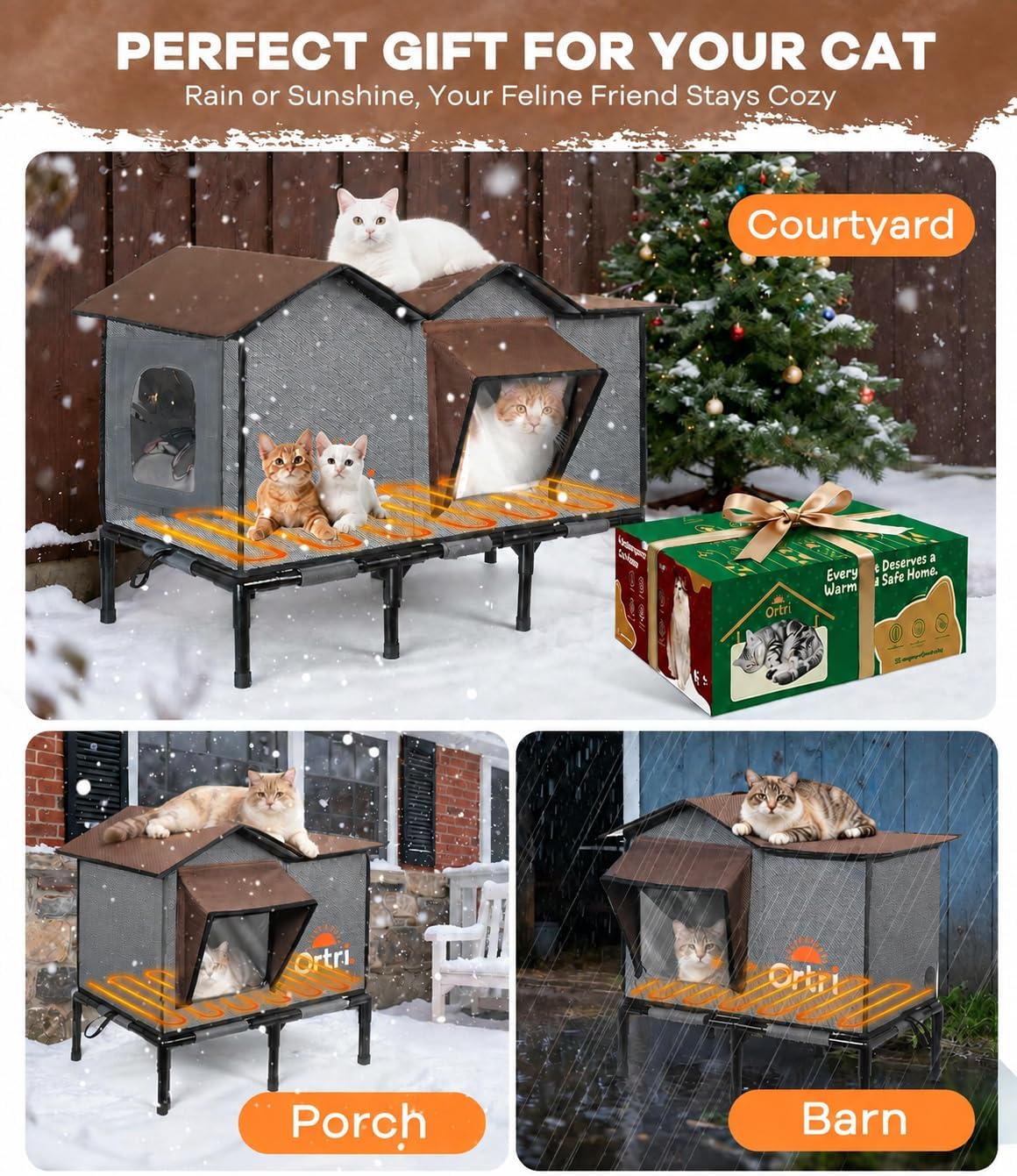 Outdoor Heated Cat House for Outside: Winter Insulated Weatherproof 30"×14"×20" Shelter with Extra Large Elevated Warm Heater and Waterproof Heating Bed for Multiple Feral Kitties Small Pets for Barn