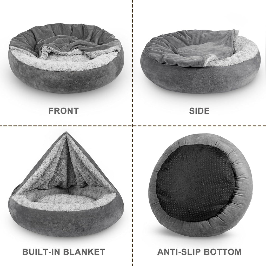 JOEJOY Small Dog Bed Cat Bed with Hooded Blanket, Cozy Cuddler Luxury Puppy Pet Bed, Donut Round Calming Anti-Anxiety Dog Burrow Cave Bed - Anti-Slip Bottom and Machine Washable 23 inch